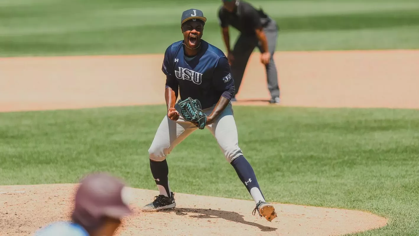 JSU Baseball player screams on field